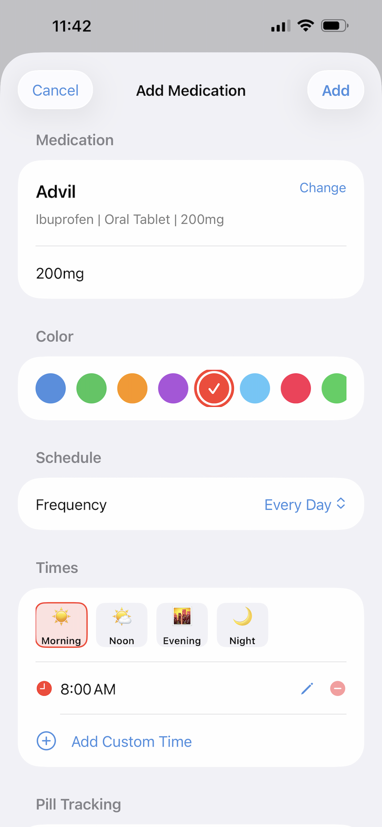 The Add Medication screen — entering Advil 200mg, selecting a colour swatch, setting frequency to Every Day, and scheduling an 8:00 AM reminder.