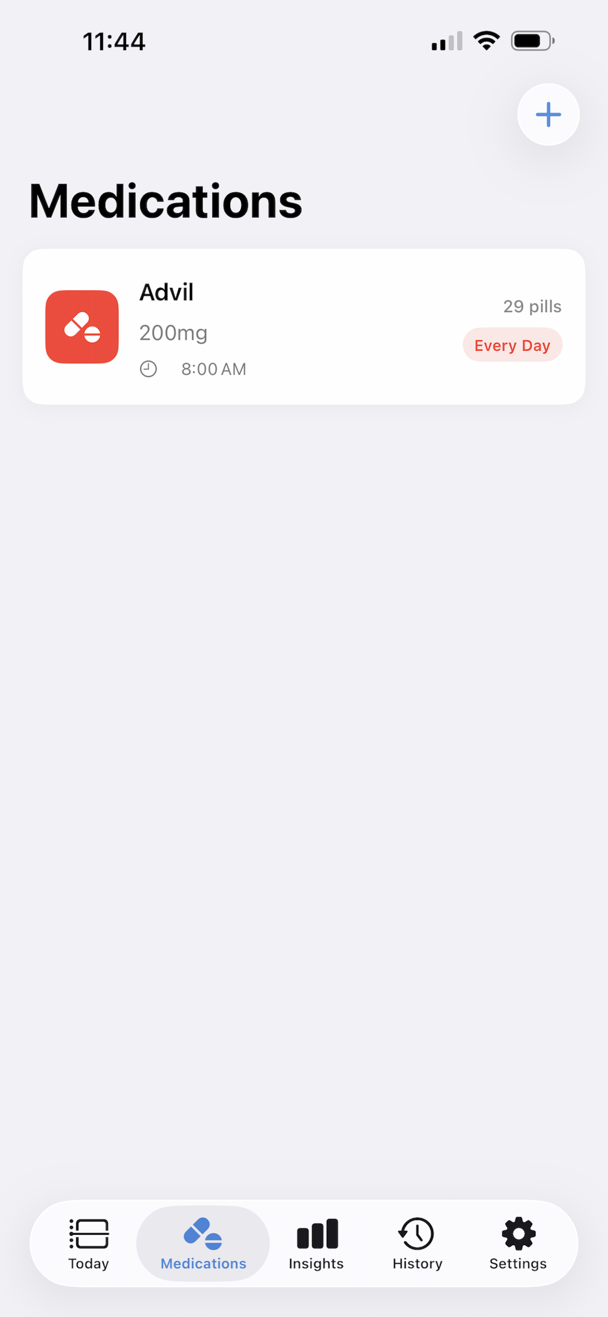 The Medications tab listing Advil 200mg at 8:00 AM, showing 29 pills remaining and an Every Day schedule badge.