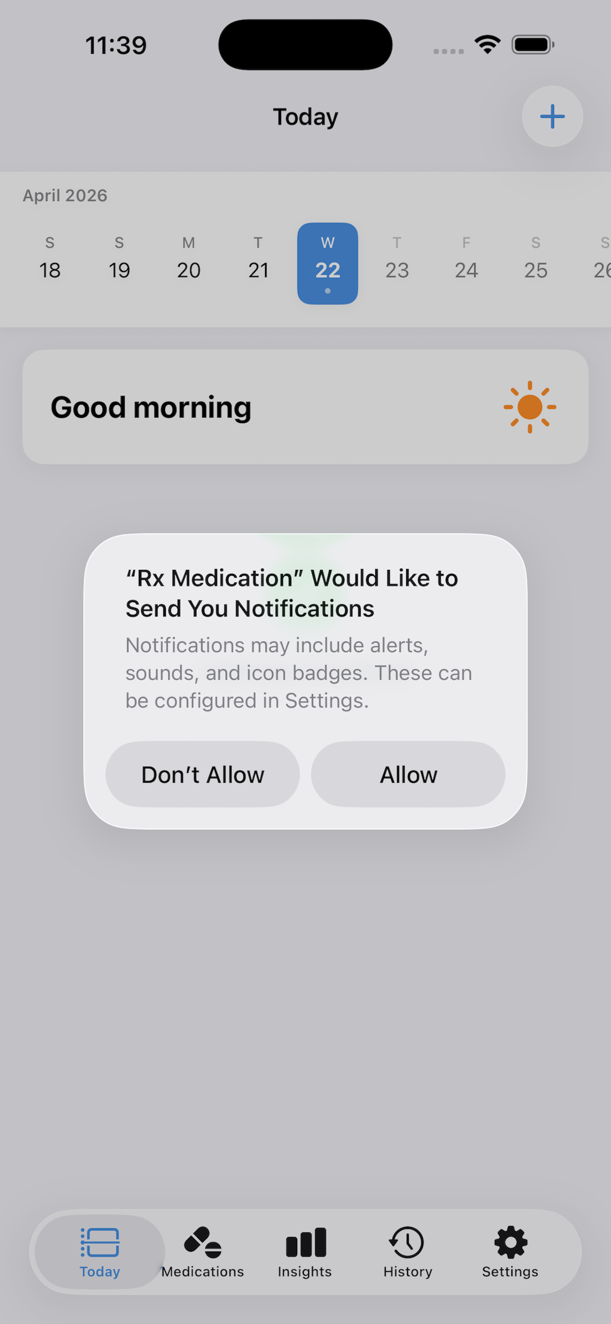 The Today tab in RX Reminder showing the week calendar strip, a 'Good morning' greeting card, and the iOS notification permission prompt.